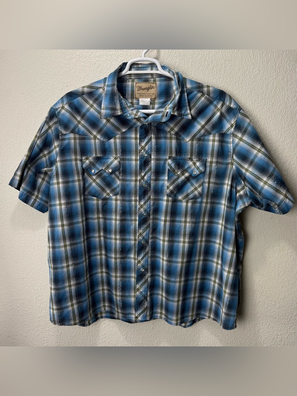 Vintage Wrangler Western Fashion Pearl Snap Shirt Shine Pinstripe Plaid Blue 3Xl